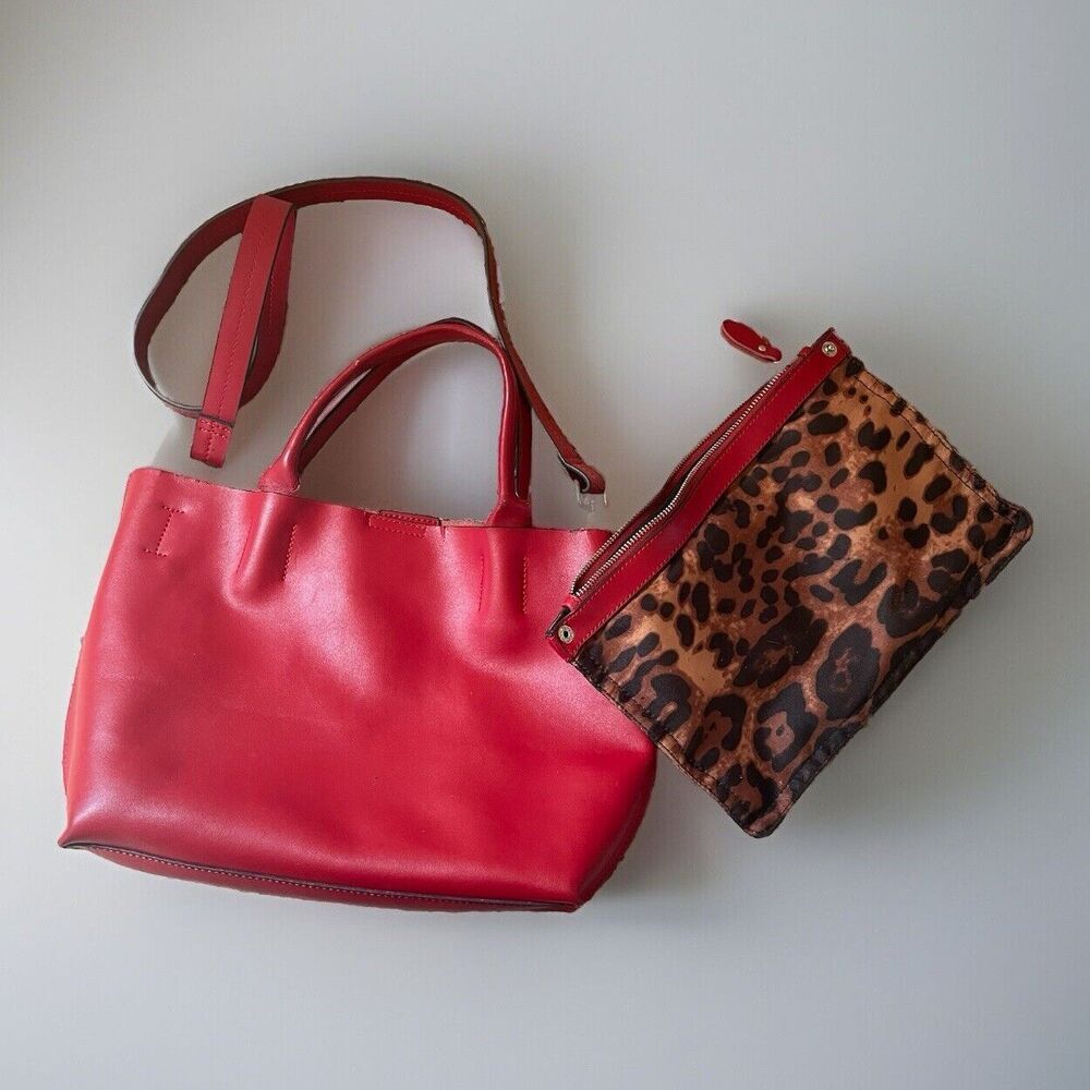 Co-Lab COLAB Christopher Kon Tote Bag Leather Handbag Purse Red Leopard Print